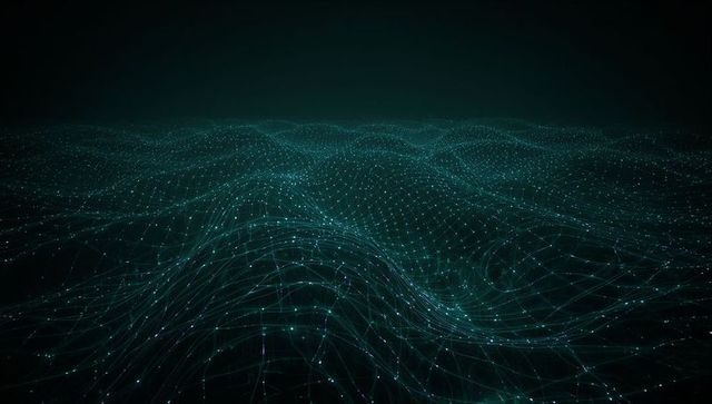 Glowing Teal Wireframe Landscape Undulating Toward Horizon with Luminous Grid Nodes