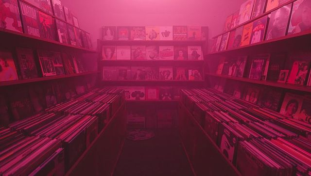 Moody Retro Vinyl Shop Aisle Bathed in Magenta Light With Wooden Record Bins