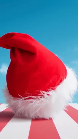 Shifting Santa Hat Nudging Upright on Striped Tabletop | Vertical Holiday Video Loop