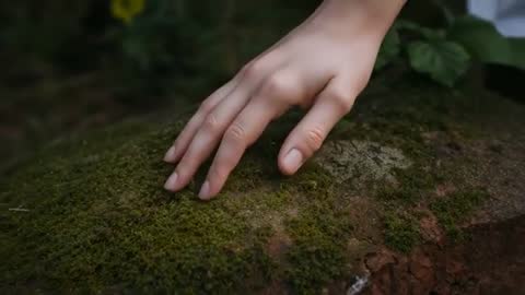 Hand Stroking Mossy Rock Close-Up in Forest, Gentle Touch on Stone Texture Video