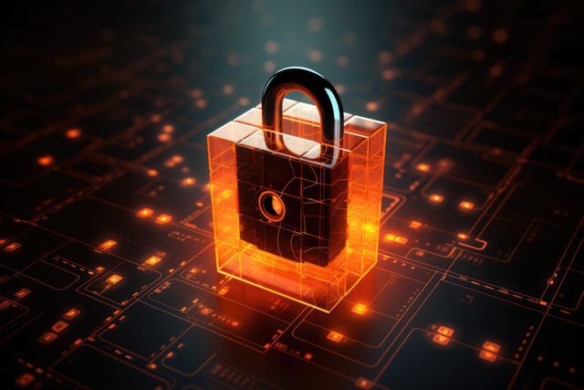 Glowing padlock with circuit board on black background, created using generative ai technology. Online internet cyber security, computing and data processing concept digitally generated image.