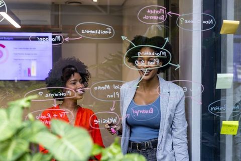 Female professionals collaborating on marketing strategy in modern office