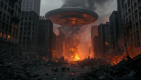 Alien Spaceship Hovering Over Ruins in Apocalyptic City