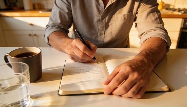 Man writing morning journal in lined notebook at sunlit kitchen counter with coffee and water glass