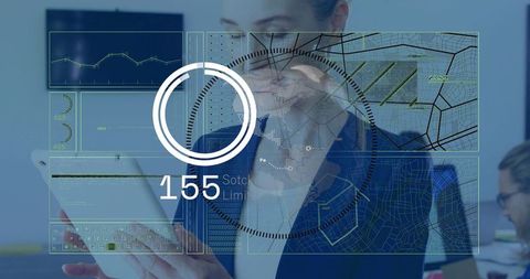 Businesswoman holding tablet with futuristic hud analytics overlay modern office workspace