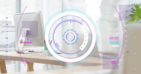 Neon holographic hud overlaying modern office desk with all-in-one computer and blinds