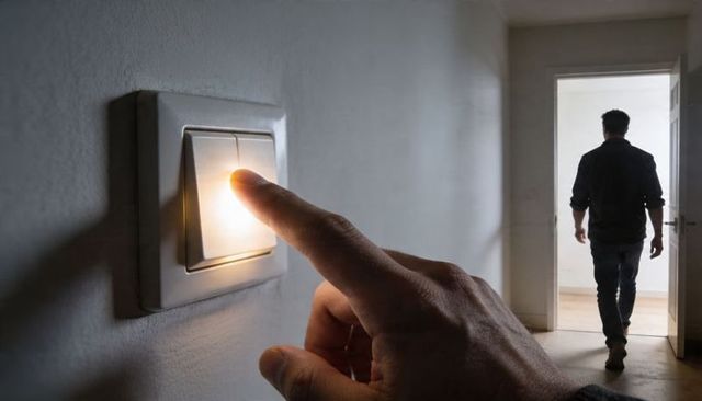 Finger Pressing Glowing Light Switch in Dim Hallway with Person Walking Away