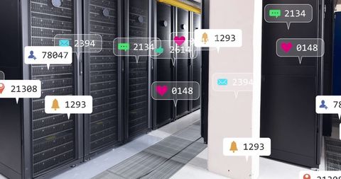 Social media notifications floating in a data center