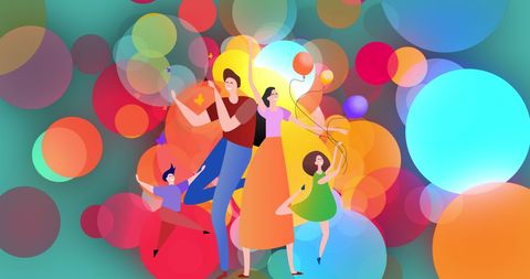 Vibrant Family Celebration with Balloons and Colorful Circles - Download Free Stock Images Pikwizard.com