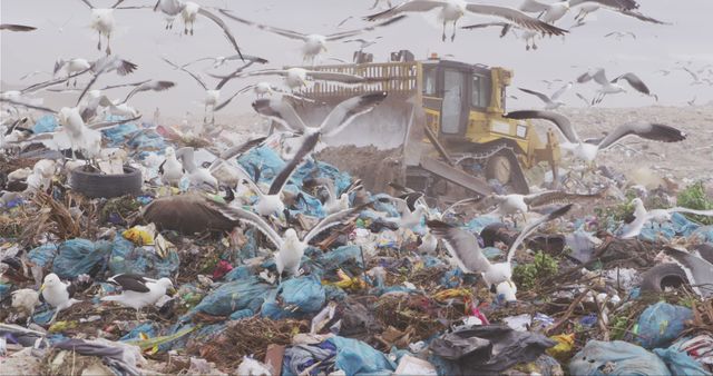 Many seagulls flying over rubbish dump and building vehicle cleaning. Global medicine and blood lab.