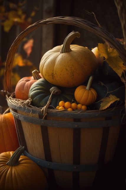Colorful pumpkins and gourds in rustic basket. Perfect for seasonal decor; suits autumn, Thanksgiving, Halloween. Highlights seasonal harvest and festive setup.