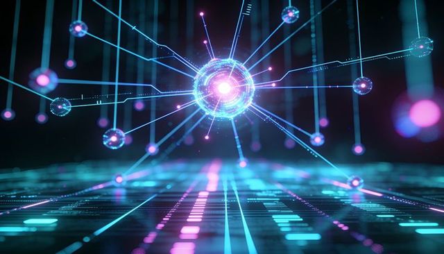 Luminescent neural core radiating neon cyan and magenta through futuristic cyber grid