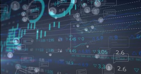 Futuristic market dashboard showing streaming analytics, candlestick charts, social overlays