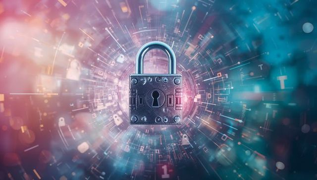 This image depicts a metallic padlock positioned at the center of a dynamic digital vortex, filled with circuitry and code symbols. It exudes a strong sense of cybersecurity, encryption, and technological innovation. Ideal for use in technology presentations, digital security blogs, and promotional materials for cybersecurity products, showcasing concepts such as data protection and modern cryptographic measures.