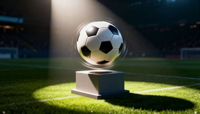 Levitating spinning soccer ball above pedestal on stadium pitch under dramatic spotlight