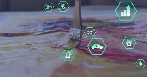 Paintbrush creating vivid abstract art with innovative icons overlay