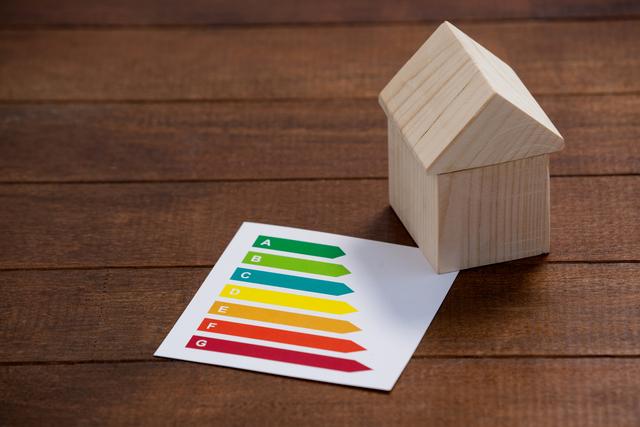 Miniature wooden house placed next to energy efficiency rating chart. Useful for illustrating concepts related to energy conservation, sustainable living, and home improvement. Ideal for articles, blogs, and educational materials on energy efficiency and eco-friendly practices.