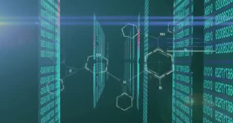 Futuristic Digital Interface with Molecular Structures and Binary Code