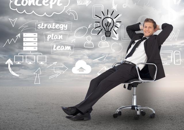 Businessman in a suit relaxing on an office chair with business graphics on the wall. Ideal for illustrating concepts of business strategy, planning, innovation, and professional success. Suitable for use in corporate presentations, business websites, and marketing materials.