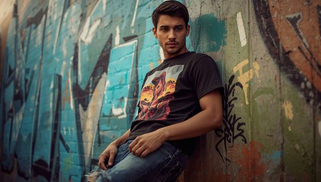 Stylish Young Man in Graffiti Alleywear Encounter