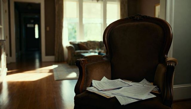 Ornate leather armchair holding scattered paperwork in sunlit living room, hardwood floors