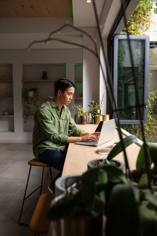 Asian man working on laptop by open window with plants in modern home office natural light