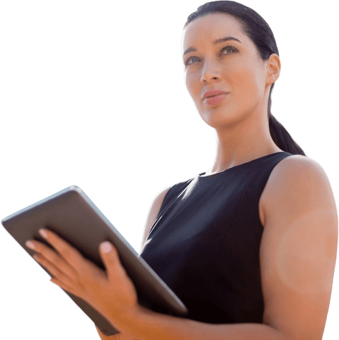 Thoughtful businesswoman holding tablet on transparent background