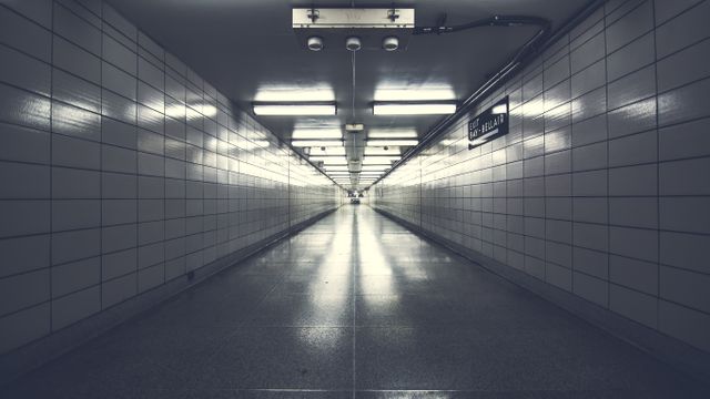 This modern subway tunnel features bright fluorescent lights and clean tile walls, creating a striking perspective with the long, empty walkway. It is ideal for depicting themes of urban transportation, isolation, or futuristic concepts. This visual can be used in articles or advertisements about public transport systems, urban life, or dystopian environments.
