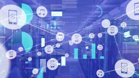 Digital Data Network with Icon Connections in Server Room