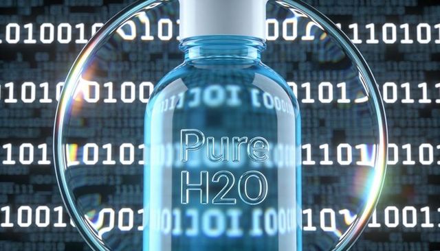 Magnifying glass framing pure h2o with binary code, representing digital water security