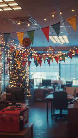 Panning Office Holiday Banners and String Lights Vertical Video for Festive Workplace Scenes