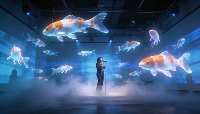 Solo singer performing amid holographic koi projections and atmospheric blue fog stage