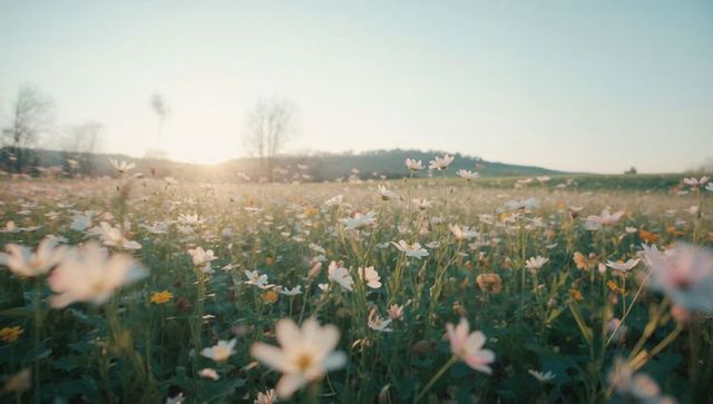 Sunlit wildflower meadow glowing with pale pink and white blossoms at golden hour