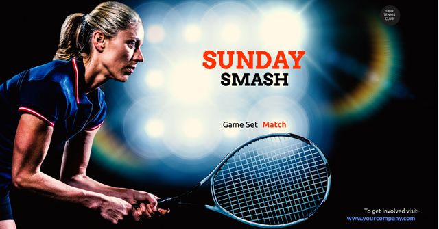 Female Tennis Player in Action Promoting Sunday Smash Event - Download Free Stock Templates Pikwizard.com