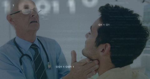 Doctor examining patient neck for thyroid assessment and diagnostic consultation in clinic