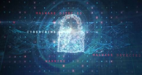 Holographic glowing padlock for cybersecurity, malware detection and data protection