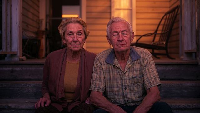 Elderly couple sitting on worn porch steps at dusk, warm amber light, intimate portrait