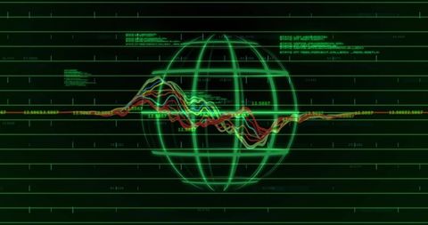 Neon Wireframe Globe with Multicolor Waveform Analytics on Futuristic Cyber UI Dashboard