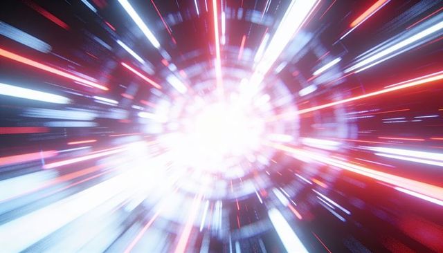 Radial energy burst tunnel with neon red and blue streaks surrounding blinding core