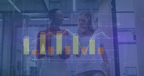 Coworkers Discussing Analytics With Data Overlay in Modern Office