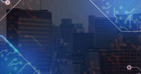 Futuristic City Skyline with Digital Circuit Overlays