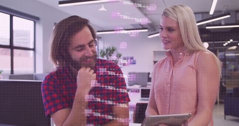 Business Professionals Discussing Overlaid Digital DNA Strand