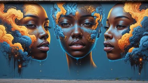 Urban mural triptych with clouds on haiti street