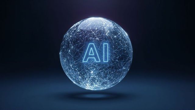 Glowing AI Network Sphere Floating Over Reflective Surface Futuristic Digital Mesh Orb