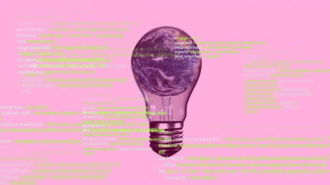 Earth Within Light Bulb Over Coding Animation on Pink