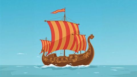 Vintage viking wooden longship slicing through calm blue sea under bright sky