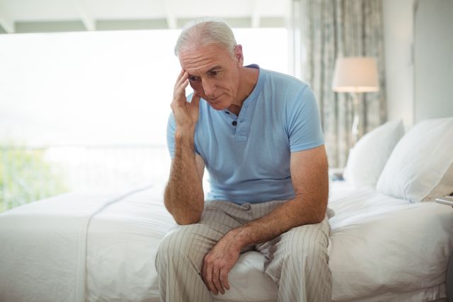 Elderly man sitting on bed in bedroom, looking stressed and worried. Ideal for use in articles or advertisements related to mental health, aging, senior care, loneliness, and lifestyle. Can be used in healthcare brochures, retirement home promotions, or mental health awareness campaigns.