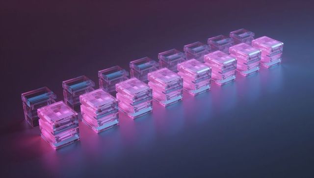 Luminescent pink cubes with reflective surface in futuristic setting