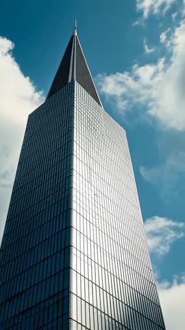 Vertical rising shot of glass skyscraper spire piercing clouds and mist