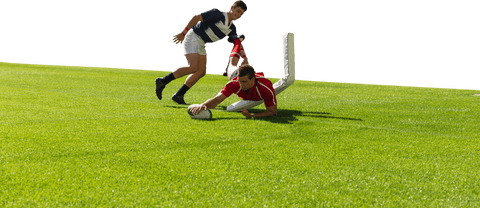 Intense rugby match with fiery try on transparent background